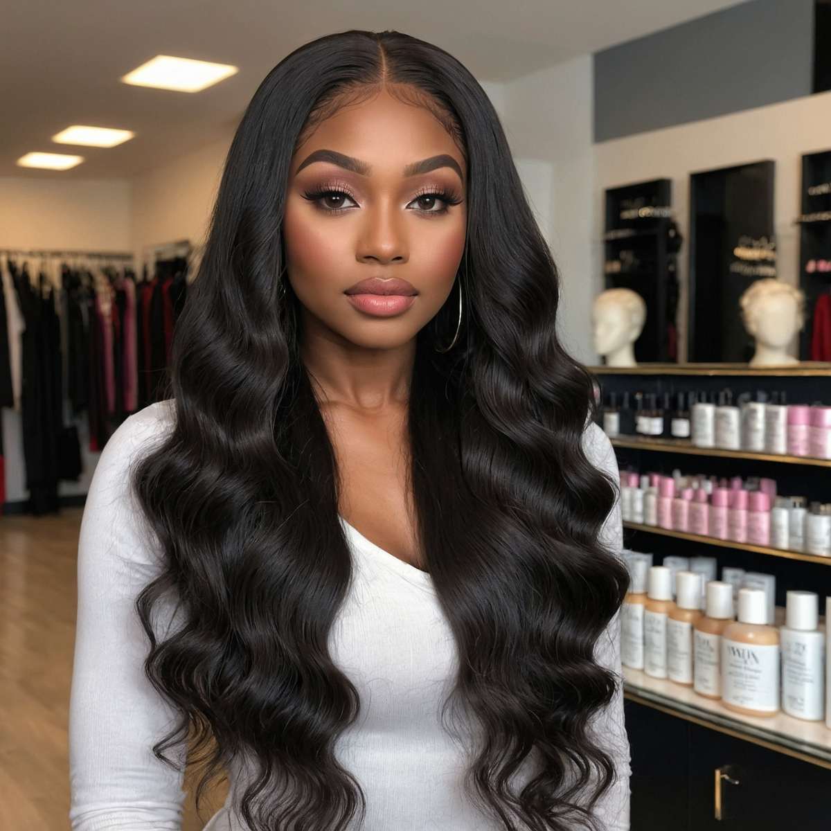 model wearing body wave virgin hair bundles with closure