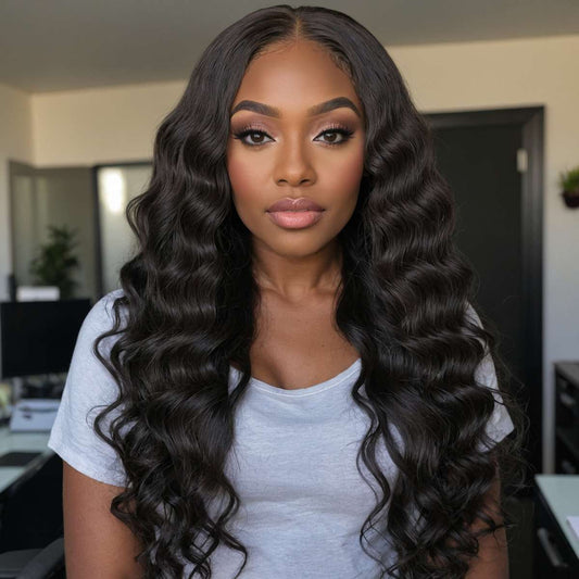 woman wearing double drawn deep wave bundles with 2x6 closure