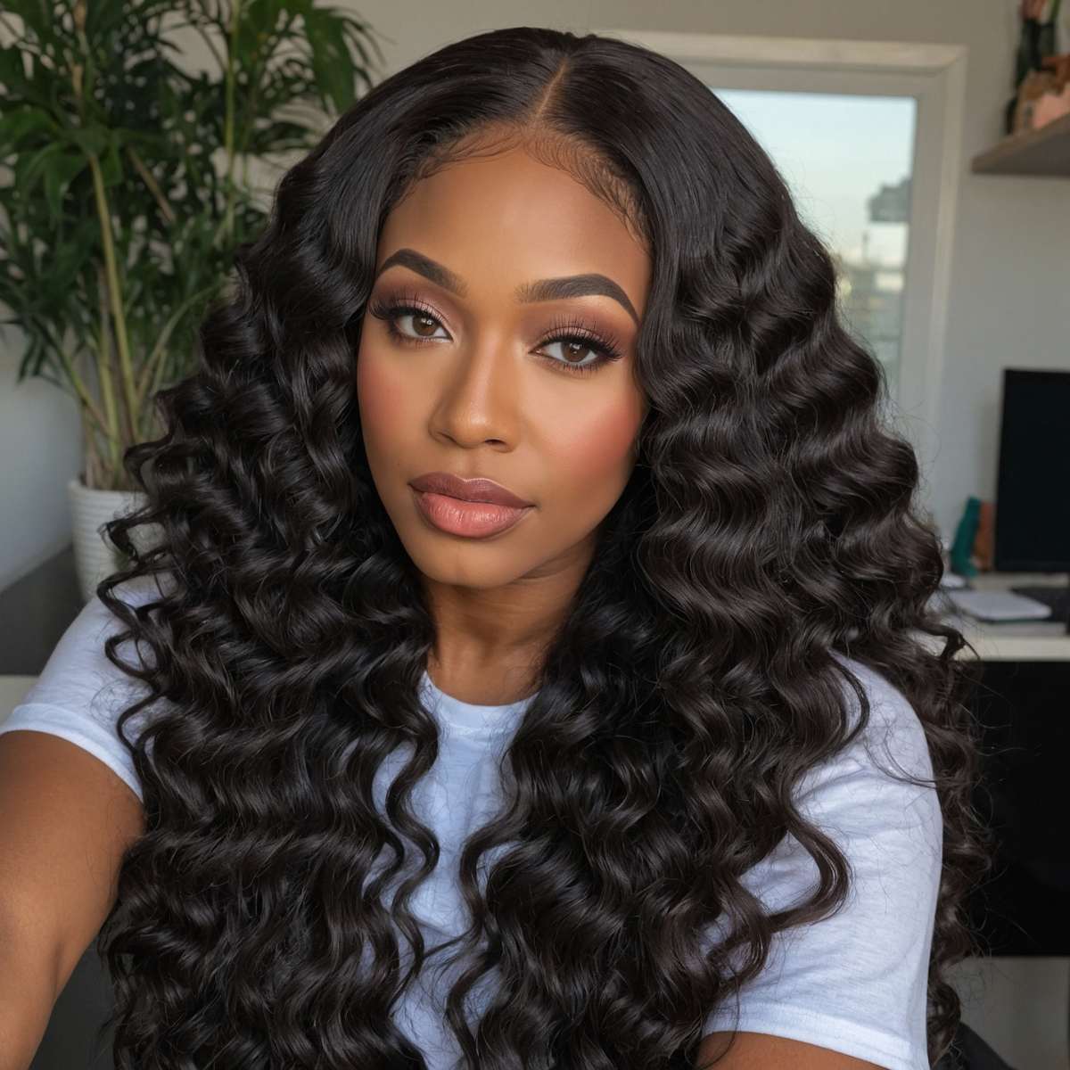 woman wearing deep wave bundles with closure