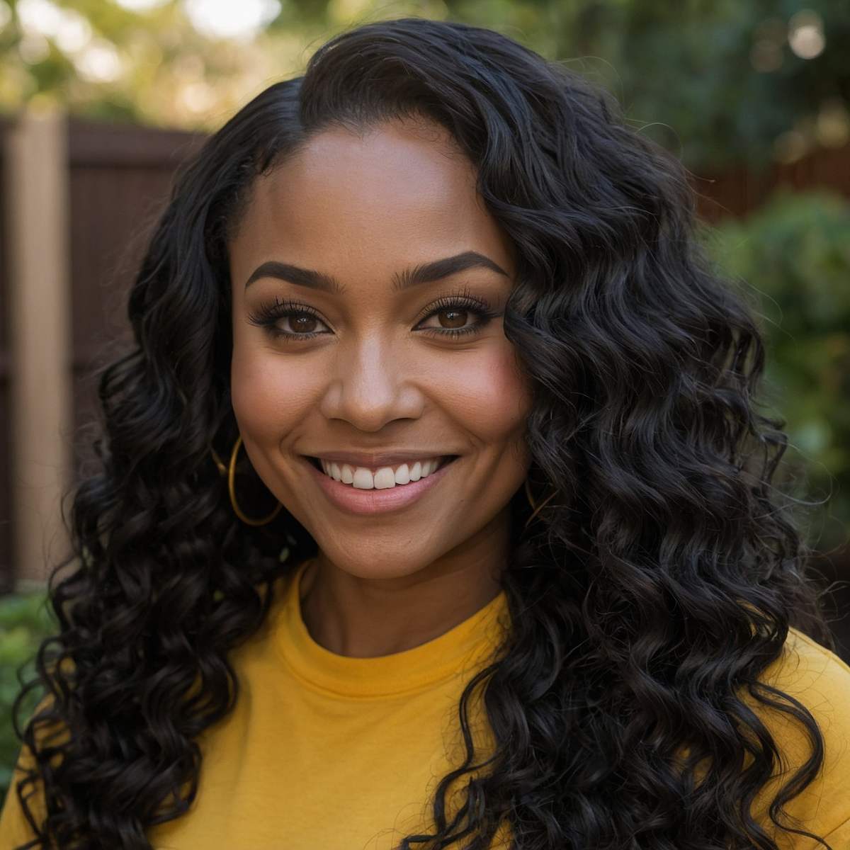 woman wearing deep wave human hair bundles