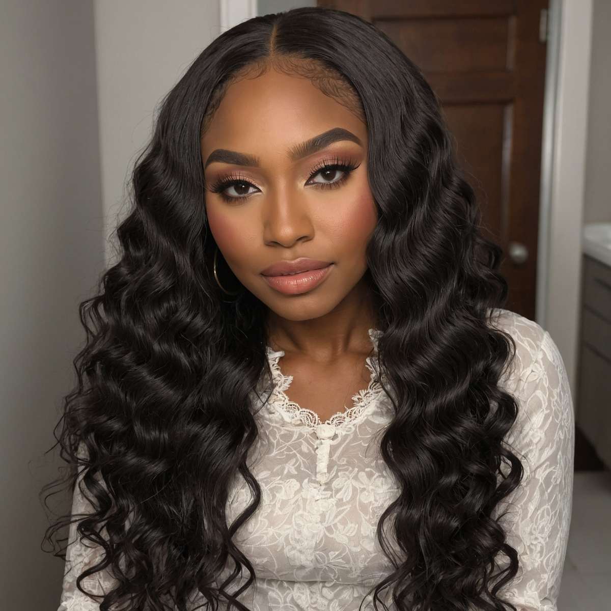 woman wearing deep wave virgin hair bundles with closure