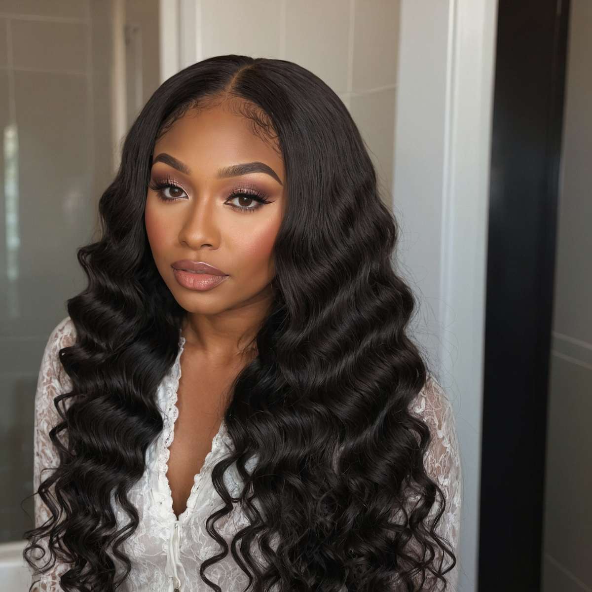 woman wearing deep wave virgin hair bundles with transparent closure