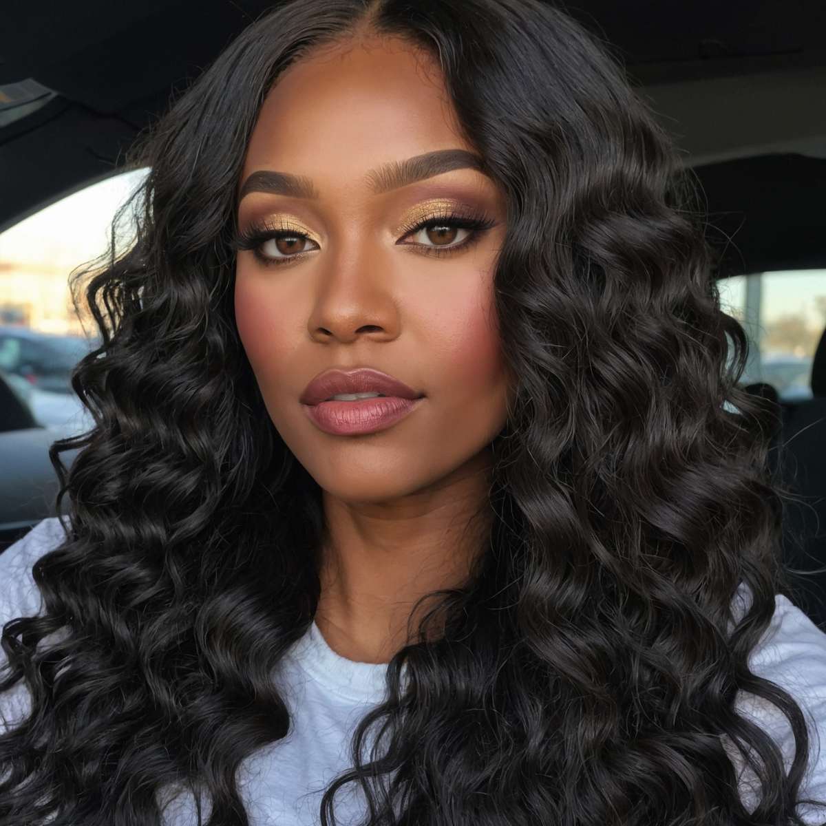 woman wearing deep wave virgin hair bundles with closure