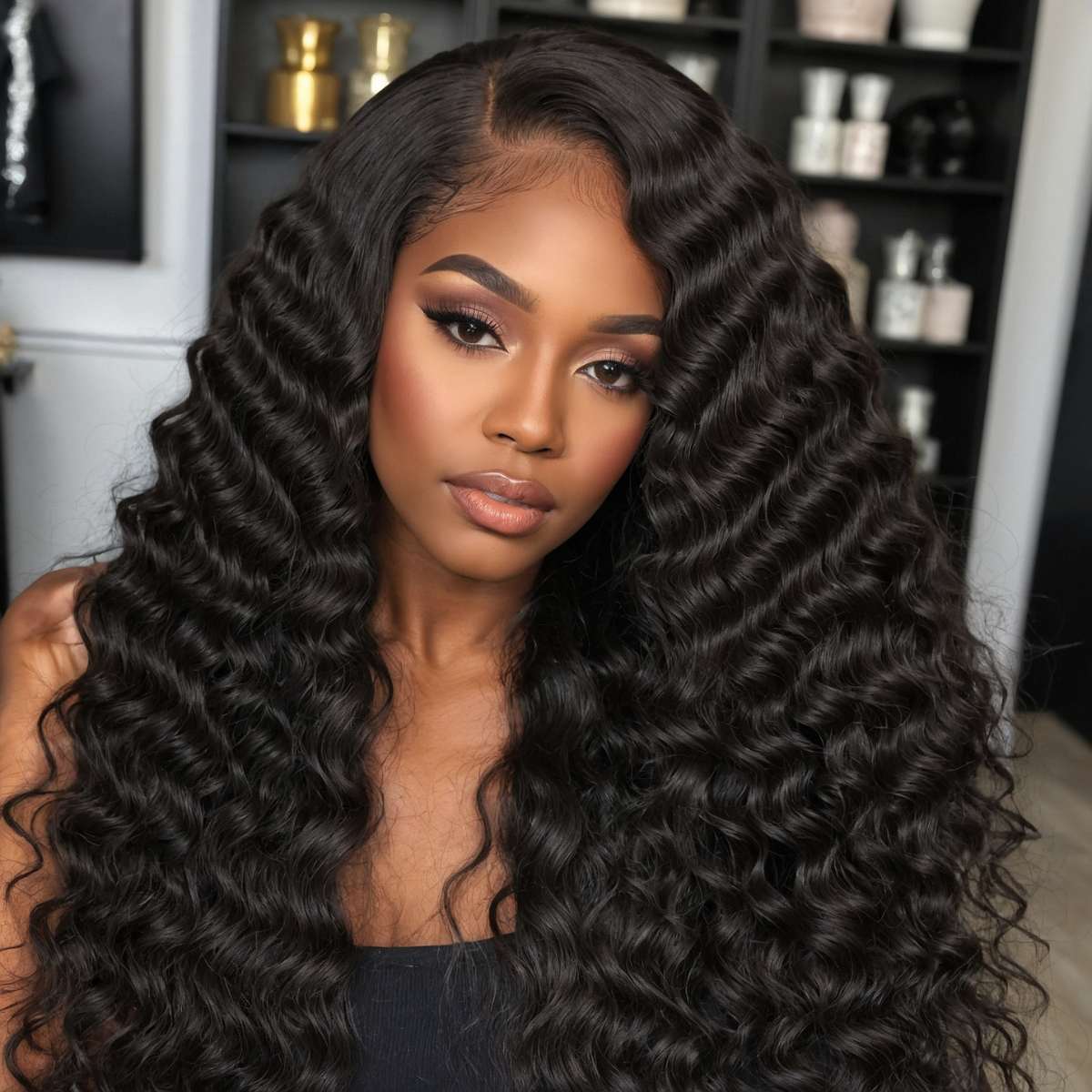 woman wearing virgin hair deep wave bundles with closure