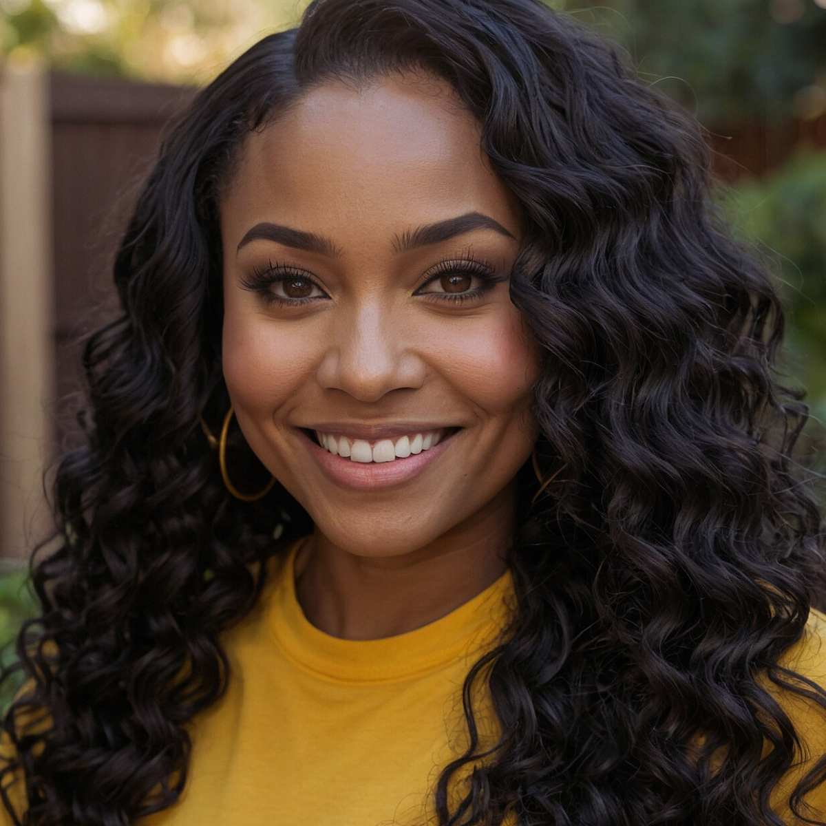 woman wearing double drawn deep wave bundles