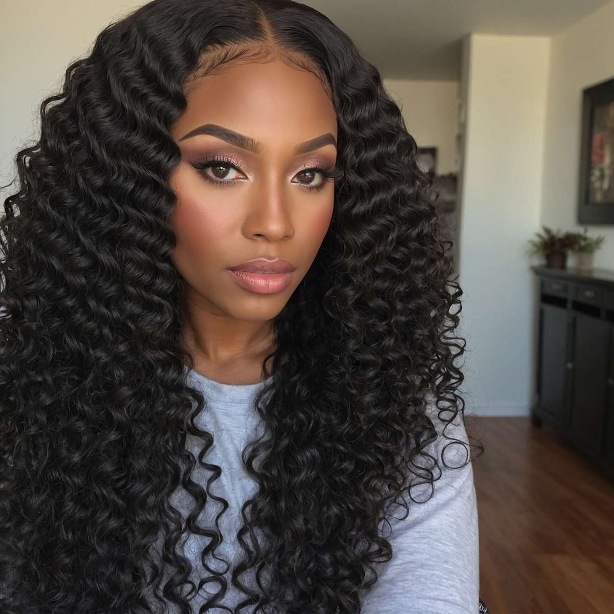 woman wearing kinky curly bundles with closure virgin hair