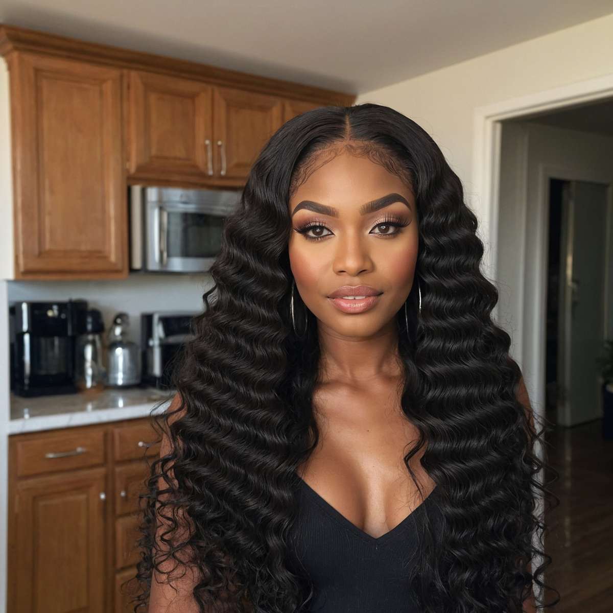 woman wearing deep wave virgin hair bundles with closure in her kitchen