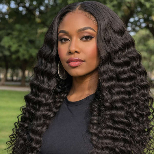 woman wearing water wave virgin hair bundles with closure